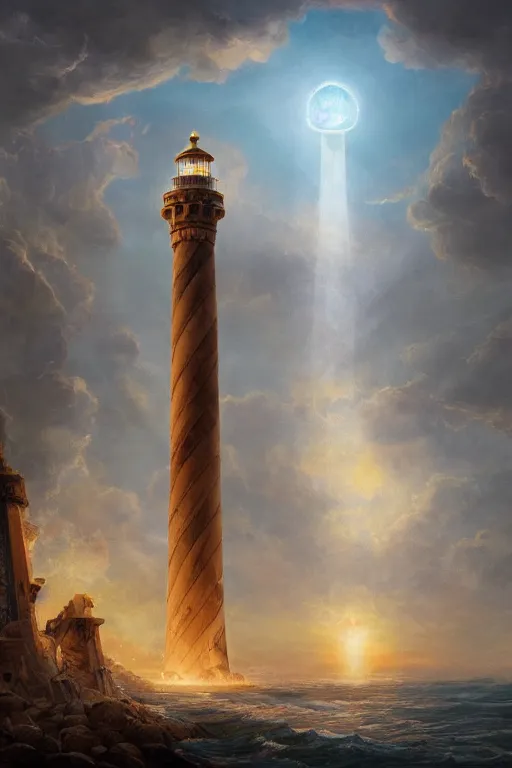 Prompt: Detailed Exterior Shot of The Epic Lighthouse of Alexandria, light of god, light shafts, flock of birds, stunning atmosphere, in Style of Peter Mohrbacher, cinematic lighting