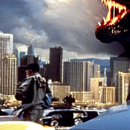 Image similar to a film still of Godzilla in Fear and Loathing in Las Vegas