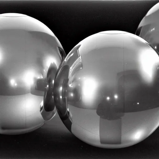 Prompt: chrome spheres on a red cube, kodak tri-x photograph