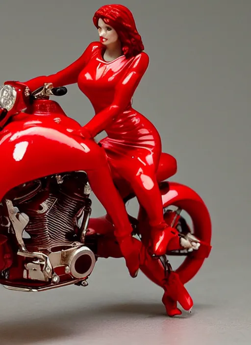 Prompt: Image on the store website, eBay, Wonderfully detailed 80mm Resin figure of a beautiful woman in red dress riding on a motorcycle.