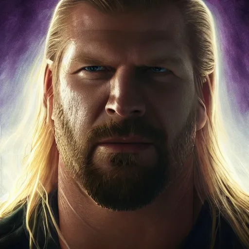 Image similar to triple h as thor, artstation hall of fame gallery, editors choice, #1 digital painting of all time, most beautiful image ever created, emotionally evocative, greatest art ever made, lifetime achievement magnum opus masterpiece, the most amazing breathtaking image with the deepest message ever painted, a thing of beauty beyond imagination or words, 4k, highly detailed, cinematic lighting