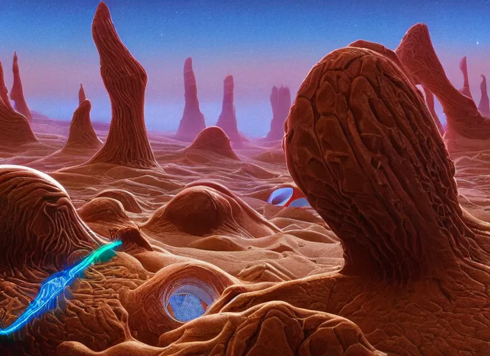 Prompt: close up photography of strange surrealist detailed glowing alien electronic-musical-instruments!! in a bryce 3d surrealist landscape biome, designed by pixar!!, Michael Whelan art directs Dune (1984), hyper detailed, photorealistic, 8k, hd