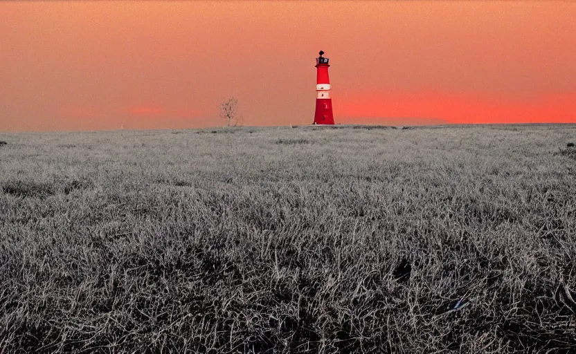 Prompt: lighthouse that shines red, field, night, unsettling, burning trees on the horizon, photo 1998