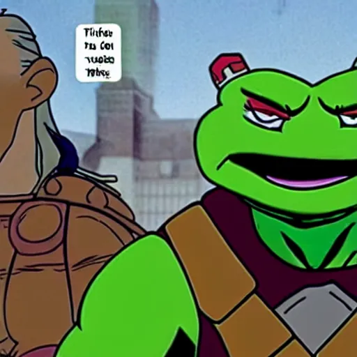 Prompt: animation screencap from the Geralt of Rivia and Teenage Mutant Ninja Turtles cartoon crossover episode in the 1990s
