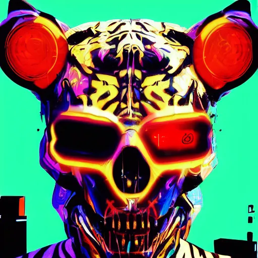Prompt: a cyberpunk blindfolded tiger skull. in style of vector art. film, akira, brush stroke, vibrating colors, hyper detailed. octane render. trending on artstation