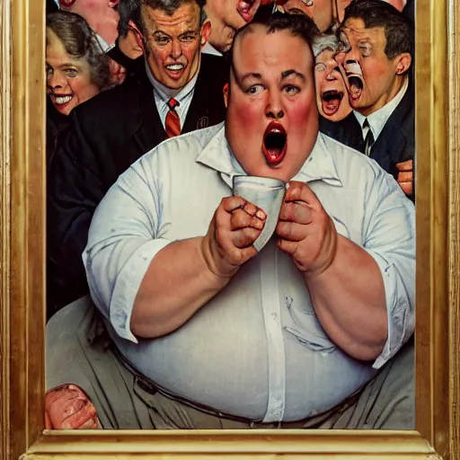 Prompt: a glass of warm milk, immediately followed by a fat screaming man, drawn by norman rockwell