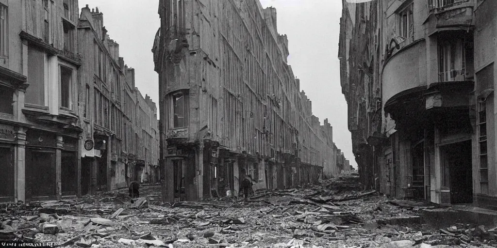 Image similar to a colour night photo of the street of saint - malo after being bombed with pocket of fire in 1 9 4 5