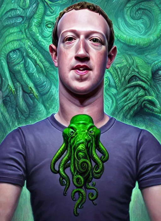 Image similar to portrait of mark zuckerberg as cthulhu, hyper detailed, digital art, trending in artstation, cinematic lighting, studio quality, smooth render, unreal engine 5 rendered, octane rendered, art style by klimt and nixeu and ian sprigger and wlop and krenz cushart.