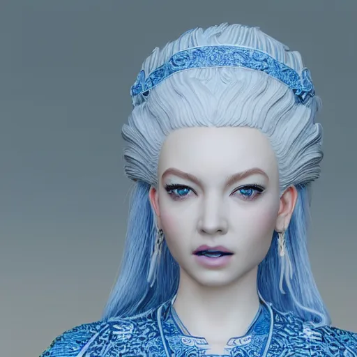 Prompt: 3 d render, hyper detailed, realistic female face and shoulders as a painted porcelain statue, with ornate blue willow pattern, white hair, fine facial features, white eyes and eyelashes, 8 k, 1 5 0 ml lens, elegant, white background, octane render, volumetric lighting, by carlos ortega elizalde and yomagick