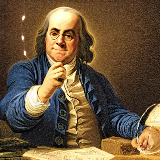 Prompt: benjamin franklin angrily throwing a string of led lights in the trash