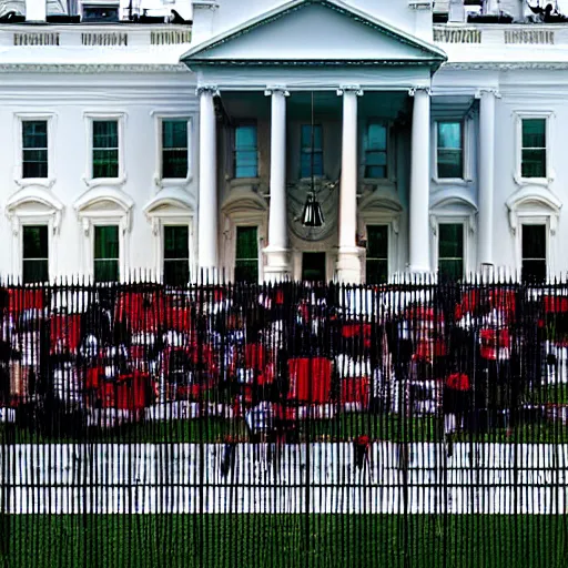 Image similar to a crowd of terminators gleaming in the sunlight surrounding the White House, ominous, 4k, 8k, octane, red, black, gunmetal