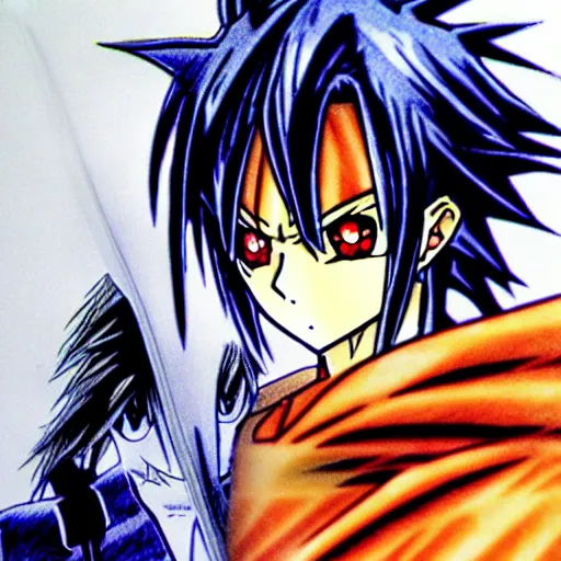 Image similar to anime, manga drawing of yugi muto versus sauron from lotr lord of the rings, yu - gi - oh art