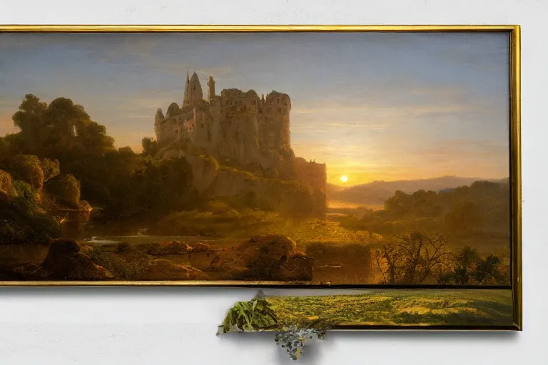 Prompt: floating castle over a lush valley at sunset, masterpiece by Caspar David Friederich, golden hour