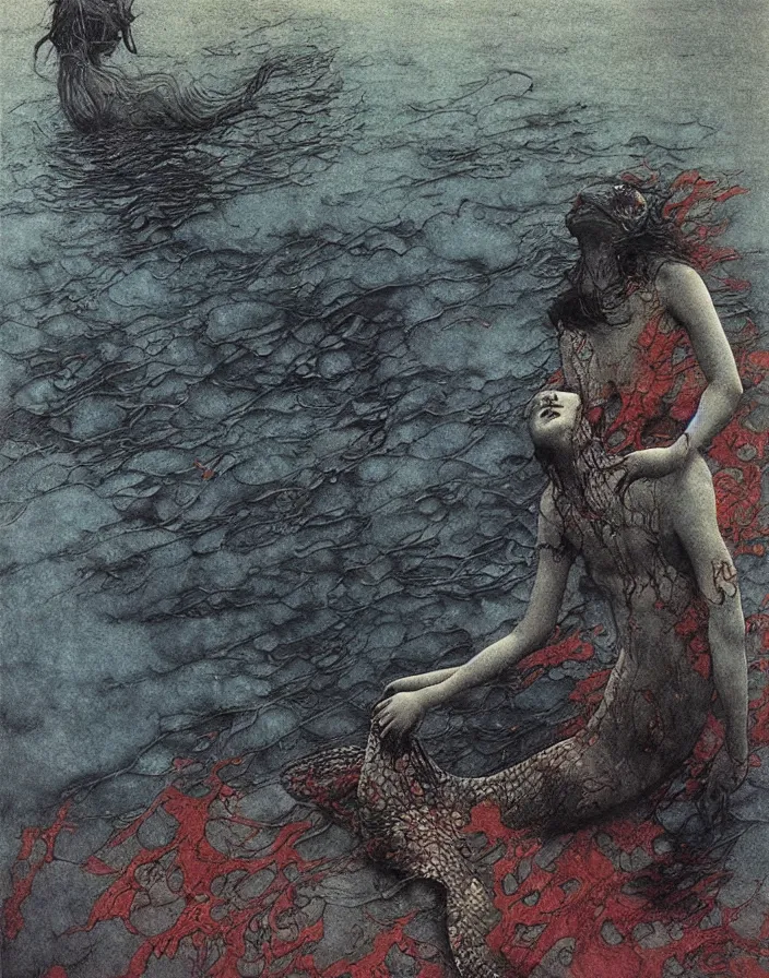 Prompt: a mermaid swimming deep underwater, high detailed beksinski painting, part by adrian ghenie and gerhard richter. art by takato yamamoto. masterpiece, dark and moody, deep colours, blue