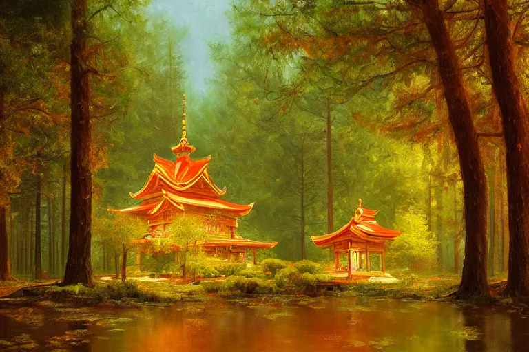 Prompt: wooden temple in the forest, very detailed, focused, oil painting, colorful, canvas, artstation, Vsevolod Ivanov, Albert Bierstadt