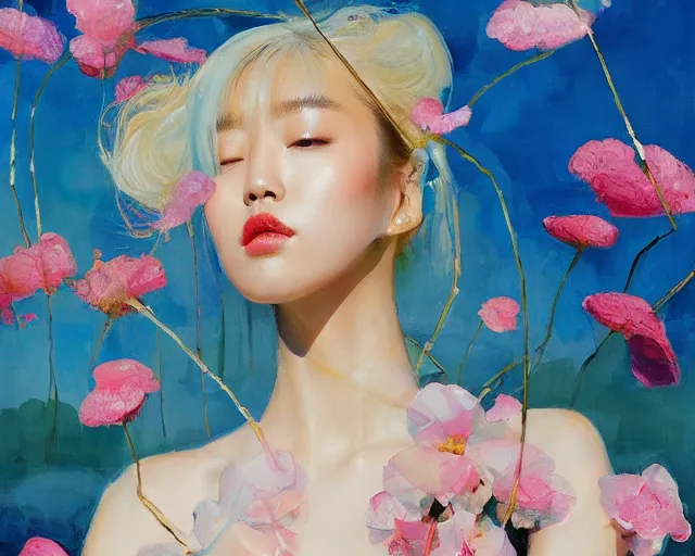 Prompt: lee jin - eun in elegant chic multiversal dress emerging from gold gold by martine johanna, michael garmash and katsuhiro otomo, rule of thirds, seductive look, beautiful, cotton candy clouds, puyallup berteronian, himalayan poppy flowers, gorgeous, face anatomy, refined, masterpiece