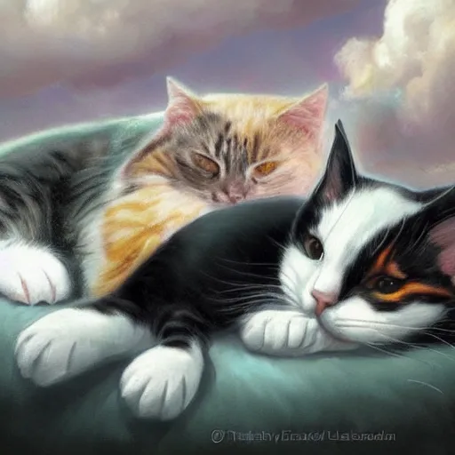 Image similar to a fat black and white male cat and a slim tortoiseshell female cat sleeping peacefully together in cat heaven, dreamy puffy clouds, painted by Tyler Edlin