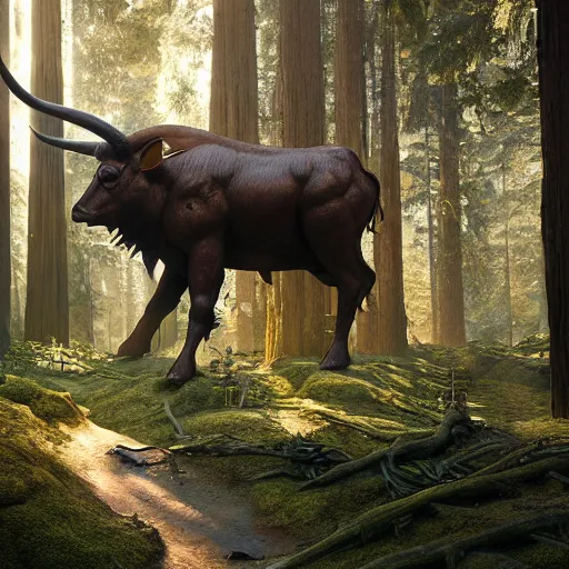 Image similar to minotaur in a redwood forest, sunlit, octane render, matte, greg rutkowski, highly detailed, hdr