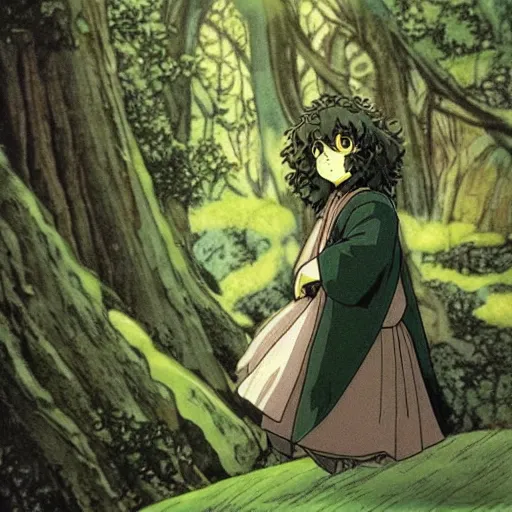 Image similar to peregrin took from the anime lord of the rings (1986), dark hair, green cape, hobbit, in the forest, studio ghibli, very detailed, realistic