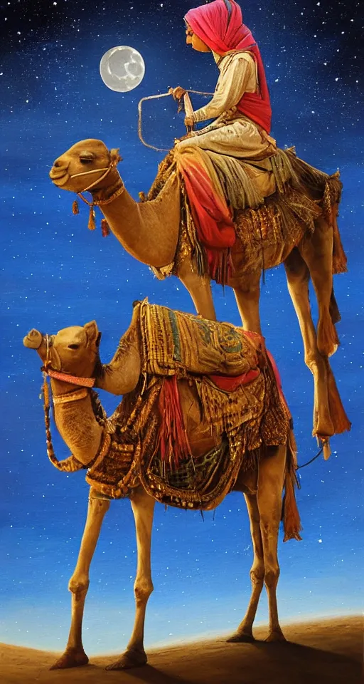 Image similar to an arabian merchant rides her camel in the desert at night, soft glow from a lantern, moon and stars in night sky, stunning, detailed oil paint