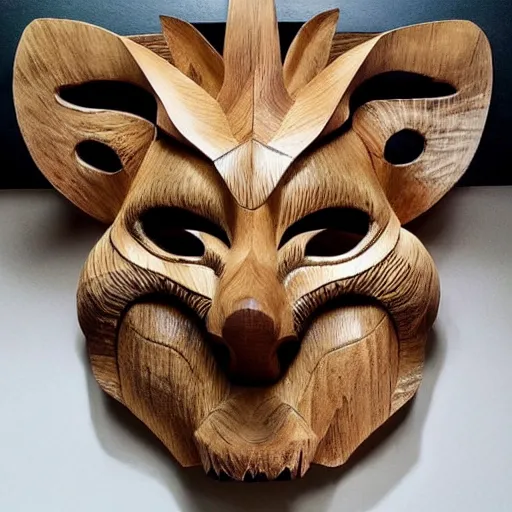 Image similar to a beautiful kitsune mask carved in wood and made by iris van herpen