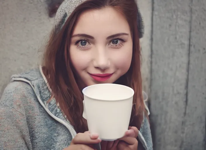 Image similar to Beautiful girl holding a cup of coffee, cinematic, very high quality, 8k