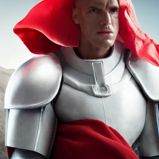 Image similar to headshot of a tall athletic muscular infantry man in glossy sleek white armor with tiny red details and a long red cape, heroic posture, strong jawline, on the surface of mars, night time, dramatic lighting, cinematic, sci-fi, hyperrealistic