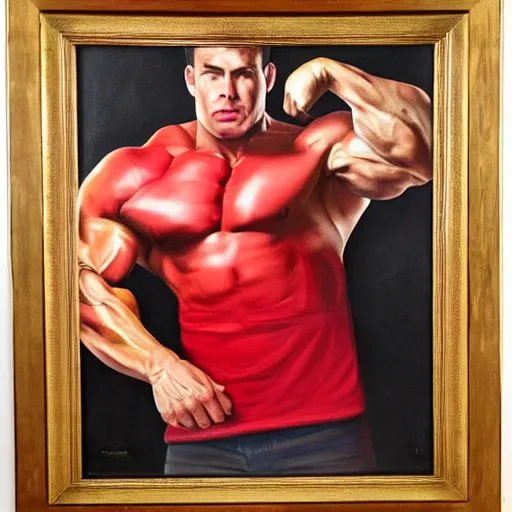 Prompt: an oil painting of a muscular man wearing a red t - shirt