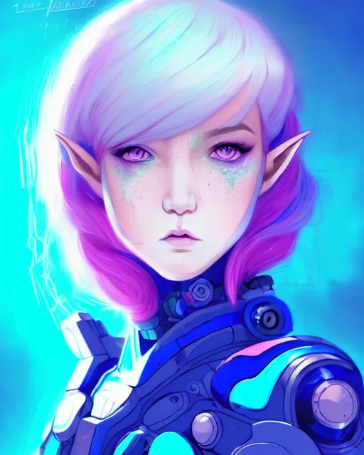 Image similar to art championship winner trending on artstation portrait of a goddess elven mecha warrior princess, head and shoulders, blue hair, matte print, pastel pink neon, cinematic highlights, lighting, digital art, cute freckles, digital painting, fan art, elegant, pixiv, by Ilya Kuvshinov, daily deviation, IAMAG, illustration collection aaaa updated watched premiere edition commission ✨✨✨ whilst watching fabulous artwork \ exactly your latest completed artwork discusses upon featured announces recommend achievement