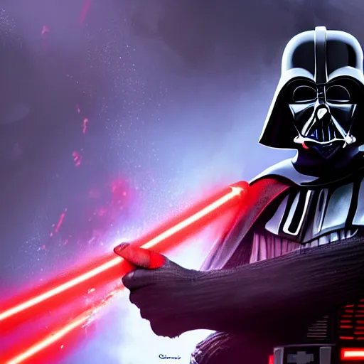 Image similar to portrait of darth vader wielding red lightsabre, league of legends amazing splashscreen artwork, legends of runeterra, splash art, natural light, elegant, photorealistic facial features, intricate, fantasy, detailed face, atmospheric lighting, anamorphic lens flare, cinematic lighting, league of legends splash art, hd wallpaper, ultra high details by greg rutkowski