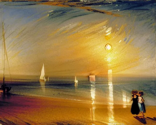 Image similar to a couple and a girl toddler on a beach in sardinia looking at the sunset, there is a sailing boat on the horizon, the woman has long dark hair, white sand, blue sky, summer, white and blue, painting by j. m. w. turner in 2 0 2 2