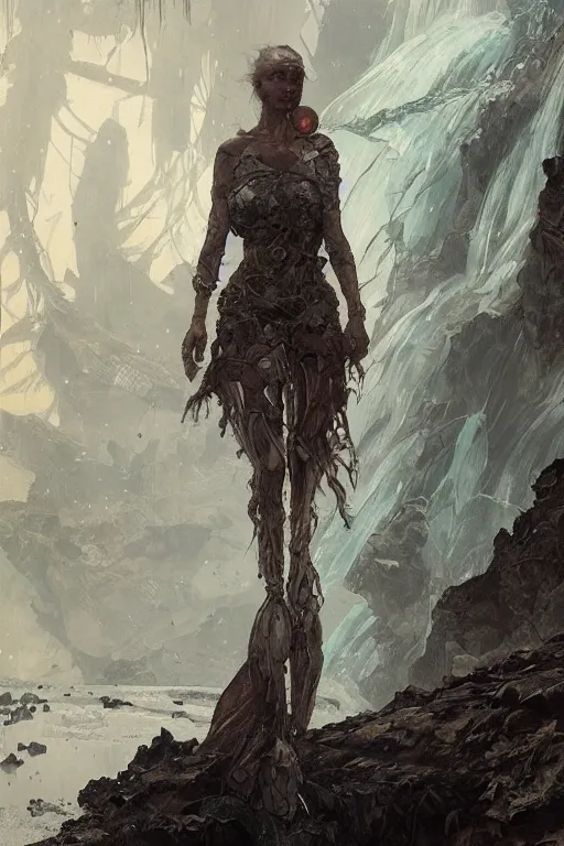 Image similar to a full body portrait of a beautiful post apocalyptic offworld neoicelandic biofarmer swimming by the waterfalls, intricate, elegant, highly detailed, digital painting, artstation, concept art, smooth, sharp focus, illustration, art by krenz cushart and artem demura and alphonse mucha