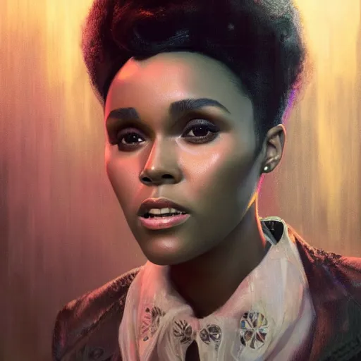 Image similar to janelle monae, hyperrealistic portrait, bladerunner street, art of elysium by jeremy mann and alphonse mucha, fantasy art, photo realistic, dynamic lighting, artstation, poster, volumetric lighting, very detailed face, 4 k, award winning