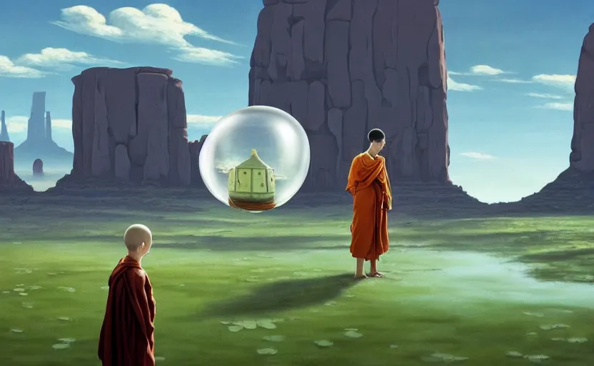 Image similar to a scary hyperrealist painting of a monk in a giant transparent bubble from howl's moving castle ( 2 0 0 4 ) in a flooded monument valley stonehenge jungle. depth perception, 4 k, artstation, in the style of studio ghibli