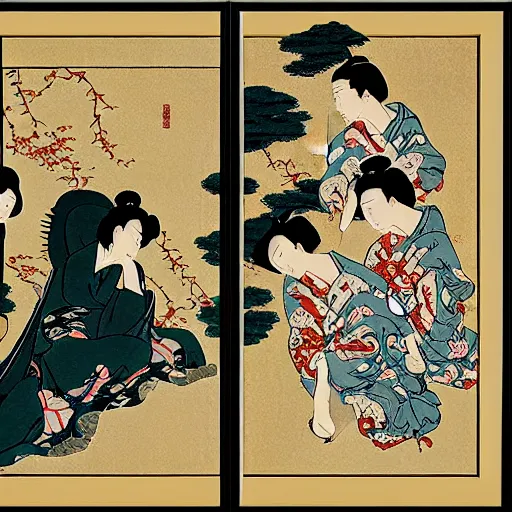 Prompt: fallen angels by wong kar - wai depicted in a hokusai inspired triptych painting