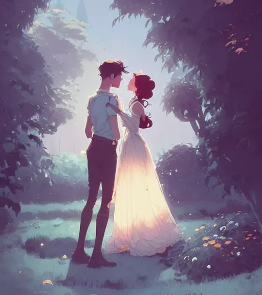 Image similar to a princess and a king almost kissing in the beautiful garden by atey ghailan, by greg rutkowski, by greg tocchini, by james gilleard, by joe fenton, by kaethe butcher, dynamic lighting, gradient light blue, brown, blonde cream and white color scheme, grunge aesthetic