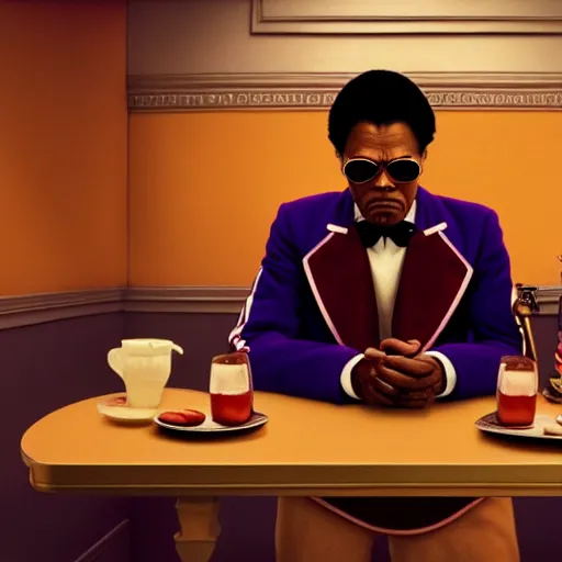 Prompt: film by wes anderson, the grand budapest hotel style, pulp fiction movie, highly detailed, photorealistic, full - body, samuel l jackson posing in cafe, perfect symmetrical eyes, 8 k resolution, digital art, hyper realistic