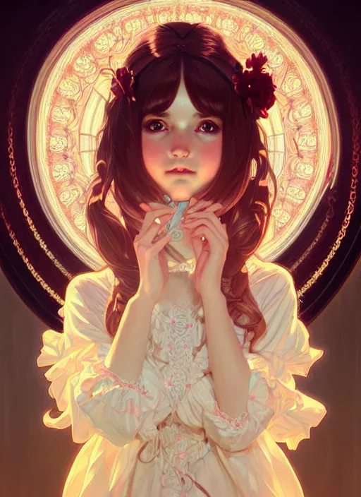 Image similar to symmetry!! cute girl in lolita clothes, intricate, elegant, glowing lights!! highly detailed, digital painting, artstation, concept art, smooth, sharp focus, illustration, art by artgerm and greg rutkowski and alphonse mucha