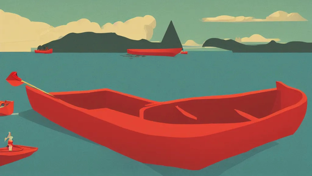 Image similar to a red boat floating on top of a body of water, a screenprint by Tom Whalen, behance contest winner, australian tonalism, matte drawing, outrun, low poly