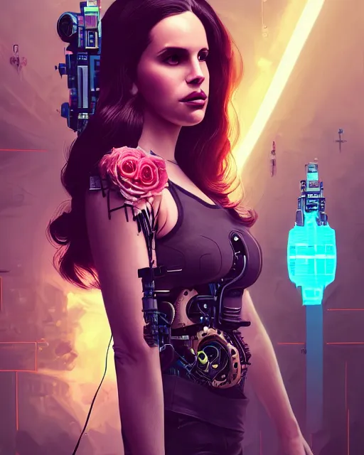 Image similar to portrait of lana del rey as a cyberpunk cyborg. roses, sci - fi, missing panels, intricate abstract, upper body, intricate artwork, by tooth wu, wlop, beeple, dan mumford. concept art, 8 k octane render, deviantart, greg rutkowski, cinematic, key art, hyperrealism, iridescent accents