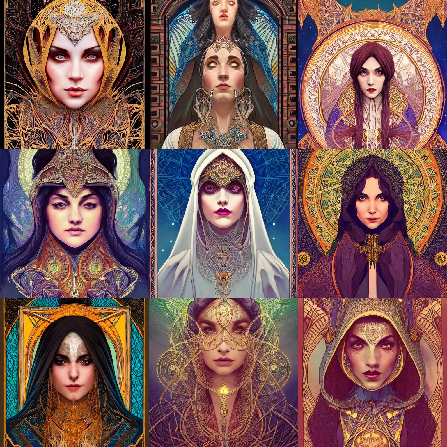 Prompt: head-on symmetrical centered painted portrait, Mais Hamdan as a D&D wizard, ornate robes, art nouveau, tarot card style, fantasy, intricate, elegant, highly detailed, smooth, sharp focus, illustration, artstation, in the style of Artgerm and Anna Podedworna and Alex Ross and Mucha