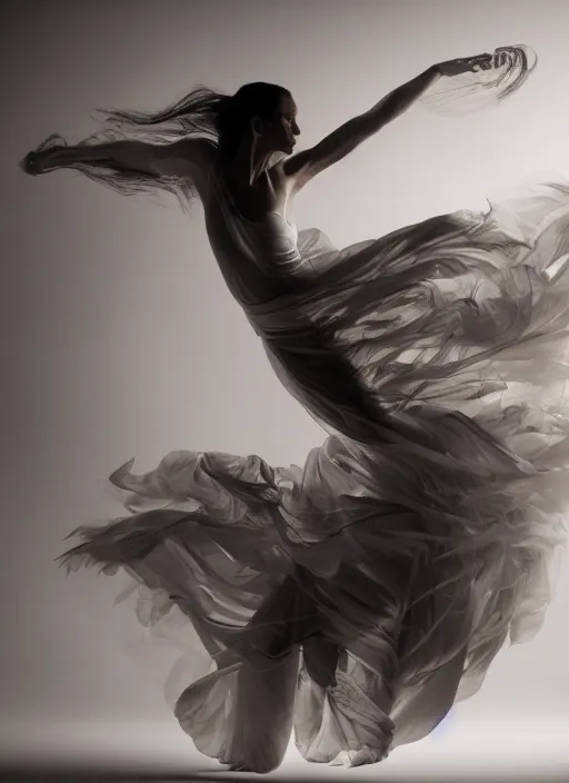 Image similar to a Photorealistic dramatic hyperrealistic render of a glamorous beautiful Female smoke dancer by Ken Brower and Deborah Ory of NYC Dance project,Lois Greenfield,Flowing cloth and smoke,Beautiful dynamic dramatic dark moody lighting,volumetric,shadows,cinematic atmosphere,Octane render,8K