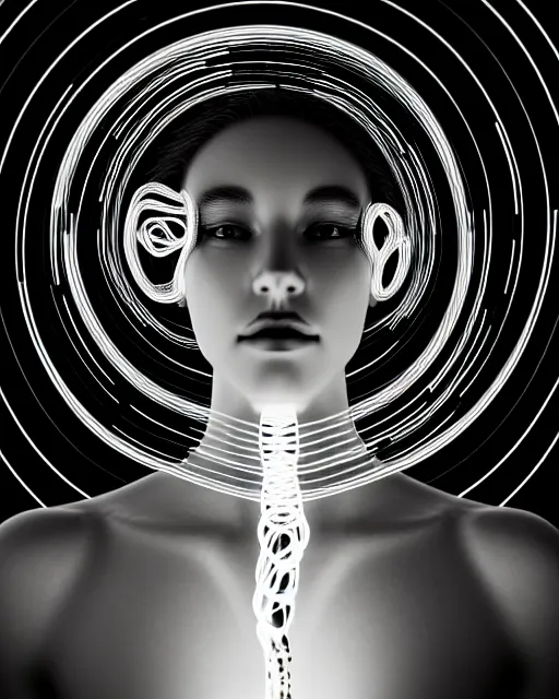 Image similar to black and white dreamy spiritual connected young female cyborg - plant goddess high quality photo, microchip, artificial intelligence, bio - mechanical bio - luminescence, black wired cables, neurons, nerve cells, cinematic, rim light, photo - realistic, elegant, high detail, 8 k, masterpiece, high fashion