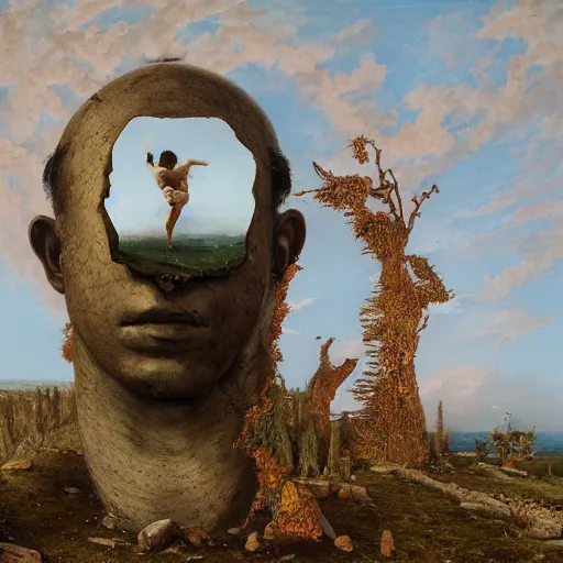 Image similar to hyperrealistic surrealism, David Friedrich, award winning masterpiece with incredible details, Zhang Kechun, a surreal vaporwave vaporwave vaporwave vaporwave vaporwave painting by Thomas Cole of a gigantic broken mannequin head sculpture in ruins, astronaut lost in liminal space, highly detailed, trending on ArtStation