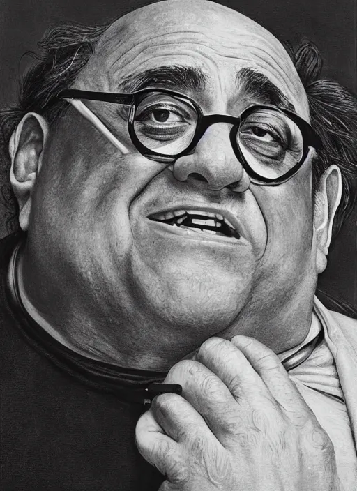 Image similar to danny devito sitting across the camera wearing a black choker staring into the camera, point of view, expensive restaurant, intricate, elegance, highly detailed, shallow depth of field, artgerm, donato giancola, joseph christian leyendecker