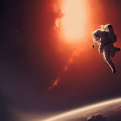 Image similar to painting of an astronaut floating in space by greg rutkowski and craig mullins, Dark cinematic and atmospheric, Dark space, Film photography, UHD 8k,