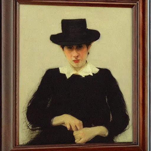 Prompt: portrait of a woman wearing a bowler hat, by thomas eakins.