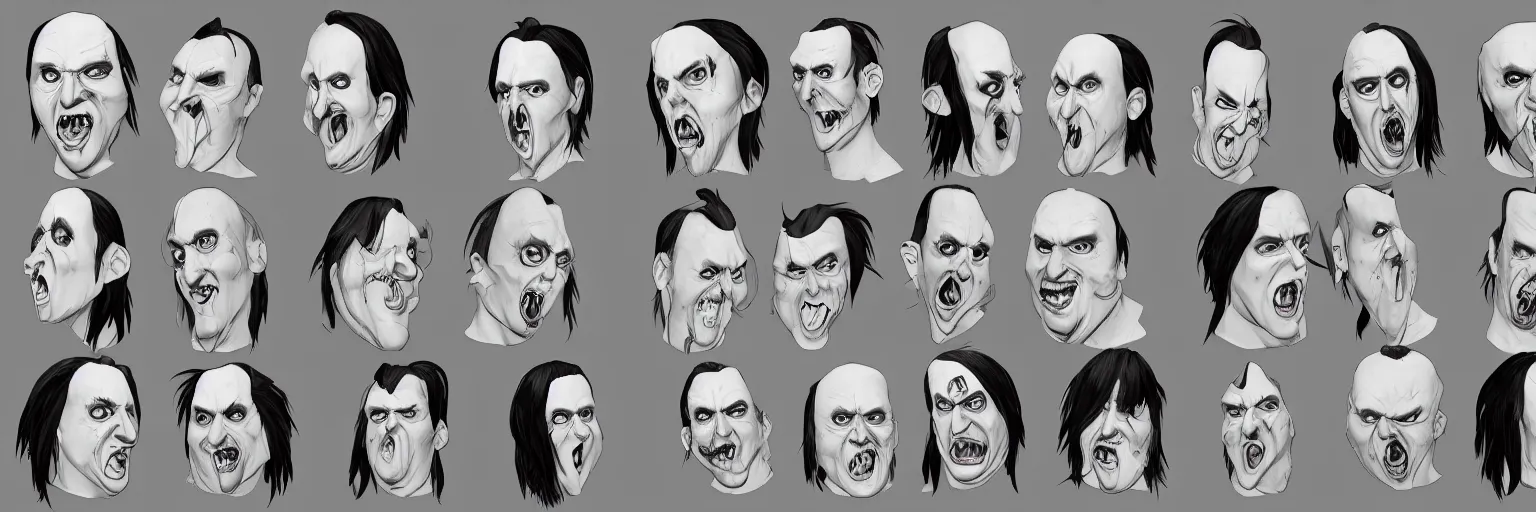 Image similar to character study of marilyn manson and jack black, clear faces, wild, crazy, character sheet, fine details, concept design, contrast, kim jung gi, pixar and da vinci, trending on artstation, 8 k, full body and head, turnaround, front view, back view, ultra wide angle