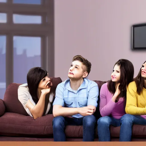 Image similar to three friends sitting on brown couch watching tv with themselves on screen ultra realistic