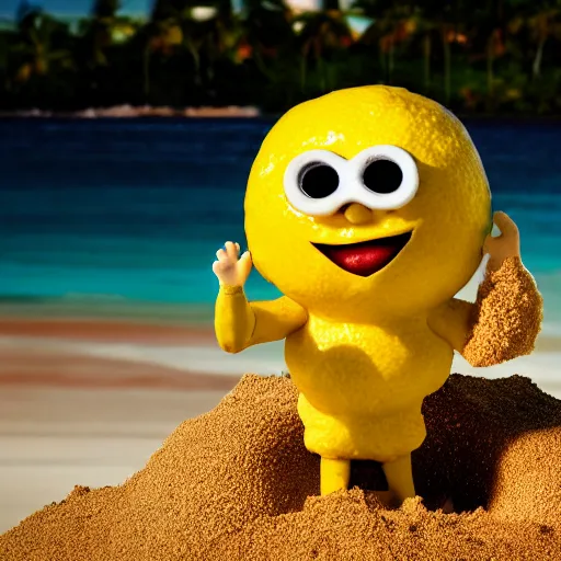 Image similar to 5 0 mm photograph, of a real anthropomorphic lemon character, with lemon skin texture, it is wearing a hat and scuba diving, building a sandcastle on the beach at sunset, beach, huge waves, sun, clouds, tropical trees, rim light, cinematic photography, professional, sand, sandcastle, volumetric lightening